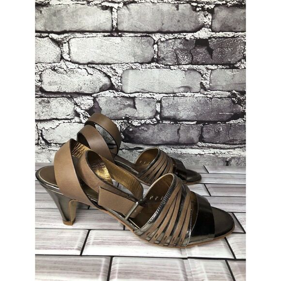 Nanette Lepore Silver Patent Brown Leather Ankle Straps Heels Women Sz 38EU/7.5M - Picture 1 of 16